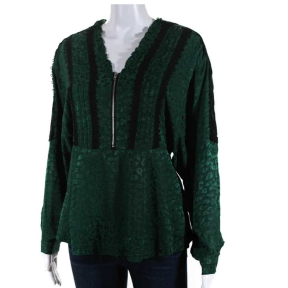 Koche Green Long Sleeve Blouse Women's Size 40 Lace Detail Leopard Jaquard